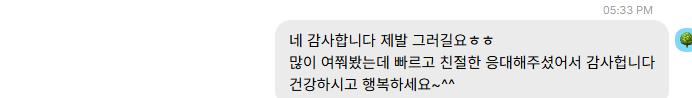 보내 주신 메시지 20. 많이 여쭤봤는데 빠르고 친절하게 응대해 주어 고맙다는 내용