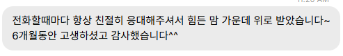 보내 주신 메시지 27. 전화할 때마다 친절히 응대해 주어 힘든 마음에 위로를 받았고 여섯 달 동안 고생하셨다는 내용