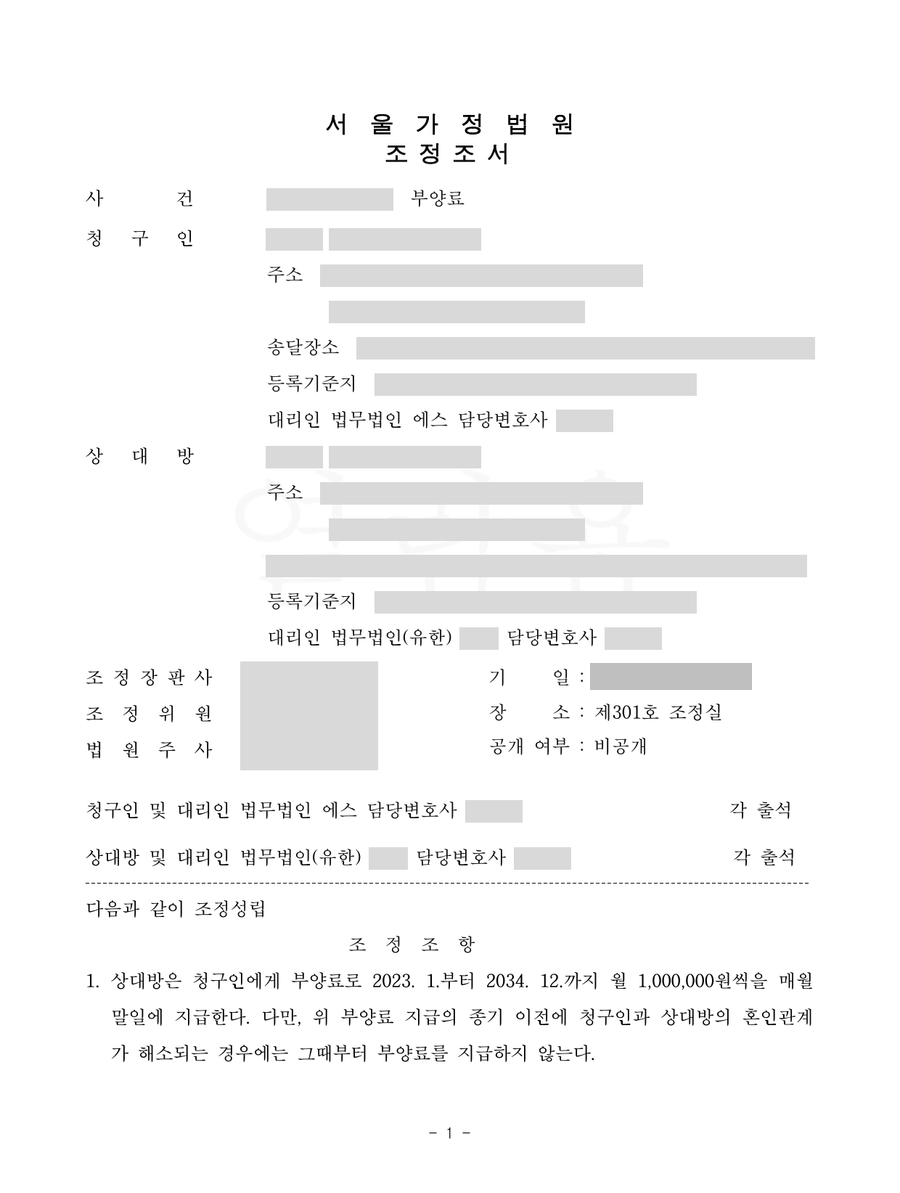 서울가정법원 2023-01 부양료 조정조서 1면 — 사건명 「부양료」, 조정조항 「월 1,000,000원」, 대리인 법무법인 에스만 남기고 나머지 성명·주소·사건번호를 가린 갈무리